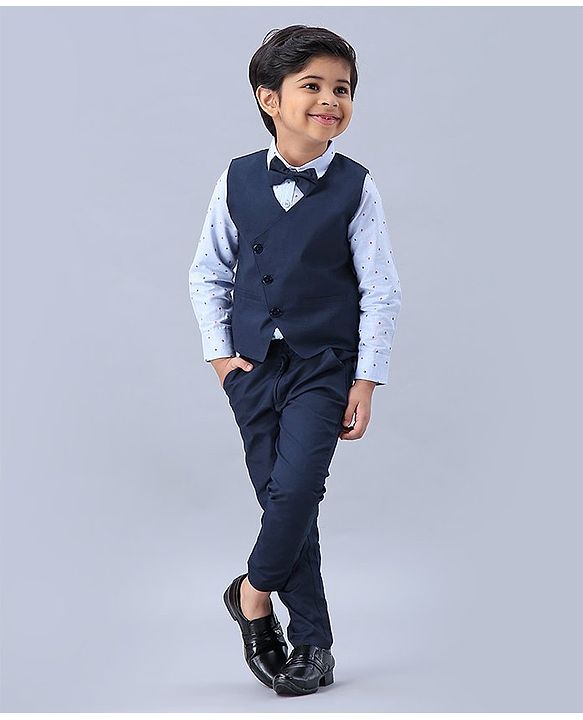 Babyhug 3 Piece Party Suit with Bow - White Navy