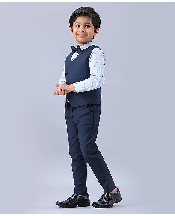 Babyhug 3 Piece Party Suit with Bow - White Navy