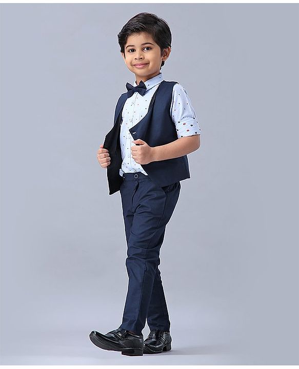 Babyhug 3 Piece Party Suit with Bow - White Navy
