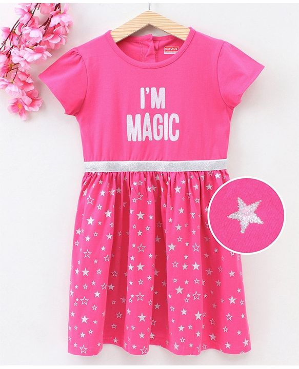 Babyhug Short Sleeves Frock Star & Text Print - Pink