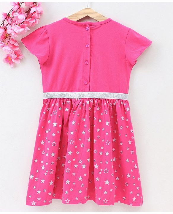 Babyhug Short Sleeves Frock Star & Text Print - Pink