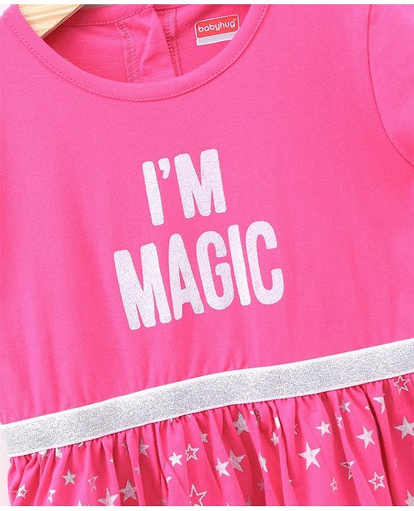 Babyhug Short Sleeves Frock Star & Text Print - Pink