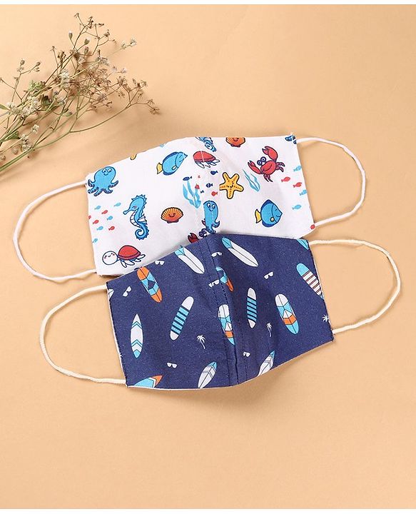 Babyhug Anti Viral Carbon Filter Face Mask Sea Print Pack Of 2 - Blue White