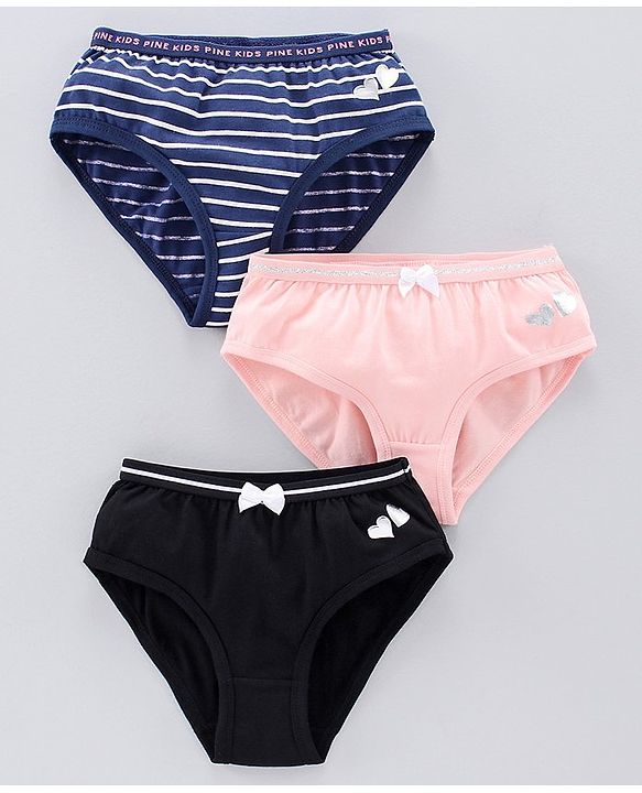 Pine Kids Anti Microbial & Bio Wash Hipster Panties Heart Print Pack of 3 - Navy Peony Seashell Pink Black