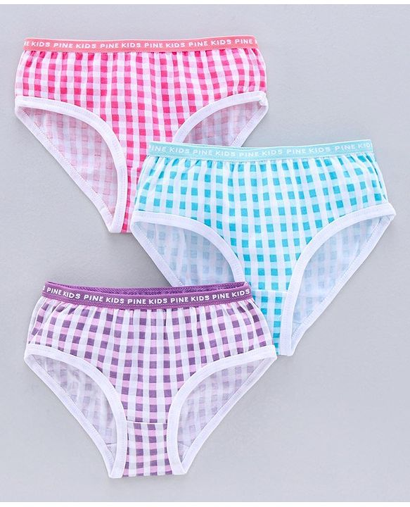 Pine Kids Anti Microbial & Biowash Checks Panties Pack of 3 - Pink Blue Purple