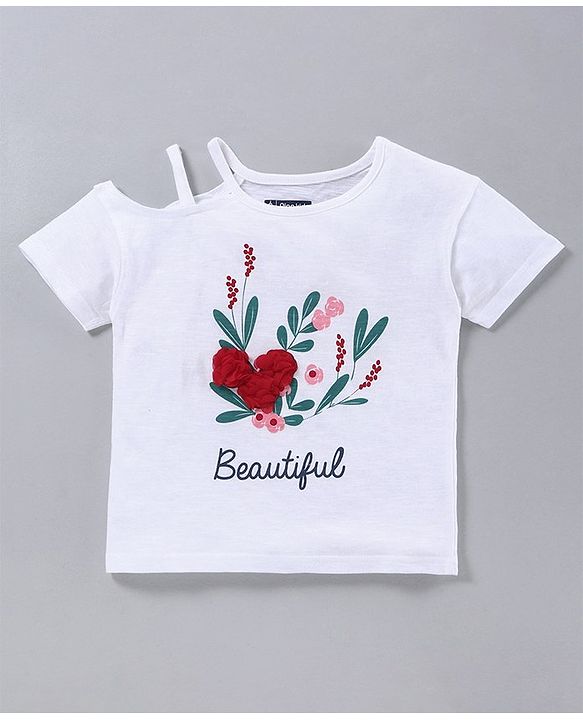 Pine Kids Half Sleeves 100% Cotton Bio Wash Tee Floral Print - White