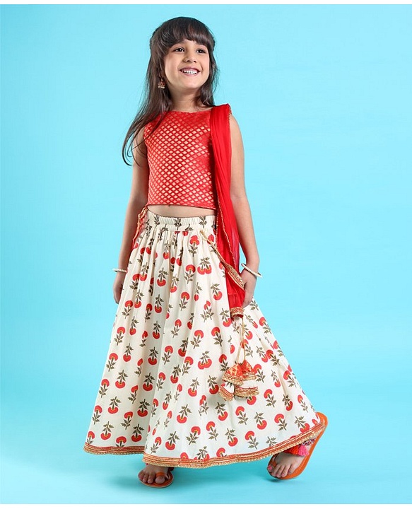 Babyhug Sleeveless Choli With Motif Print Lehenga and Netted Dupatta - Red Beige