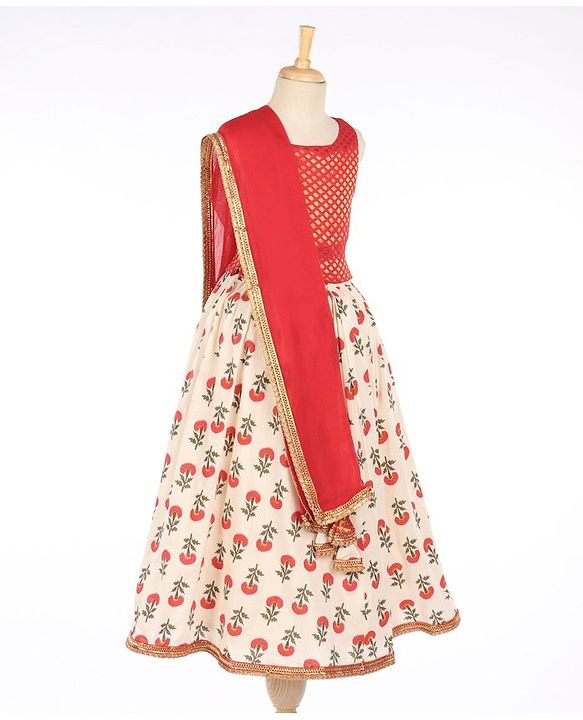 Babyhug Sleeveless Choli With Motif Print Lehenga and Netted Dupatta - Red Beige