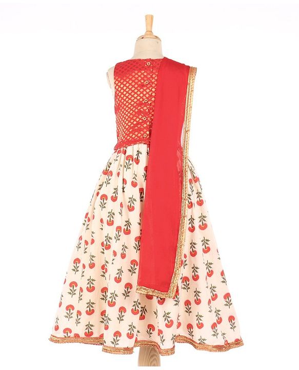 Babyhug Sleeveless Choli With Motif Print Lehenga and Netted Dupatta - Red Beige