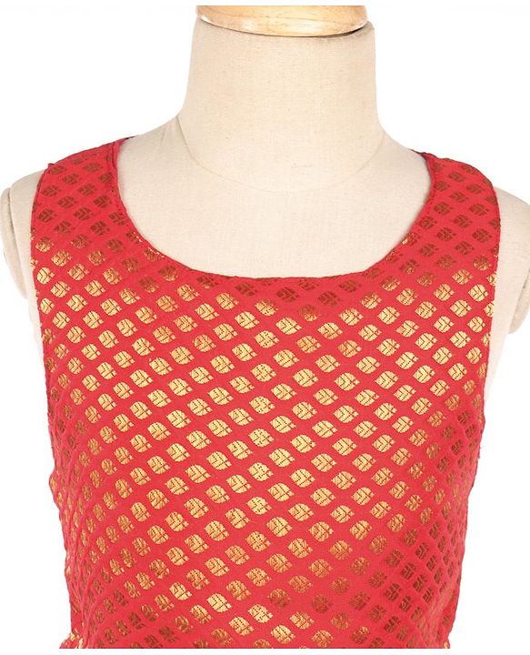 Babyhug Sleeveless Choli With Motif Print Lehenga and Netted Dupatta - Red Beige