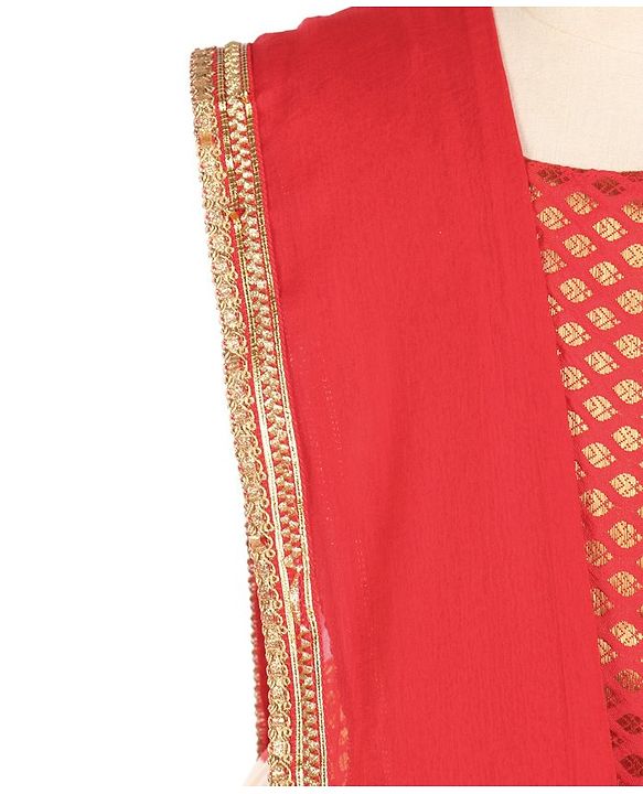 Babyhug Sleeveless Choli With Motif Print Lehenga and Netted Dupatta - Red Beige