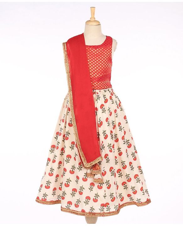 Babyhug Sleeveless Choli With Motif Print Lehenga and Netted Dupatta - Red Beige