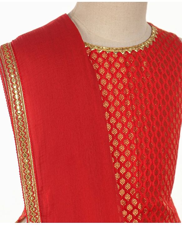 Babyhug Sleeveless Choli With Motif Print Lehenga and Netted Dupatta - Red Beige