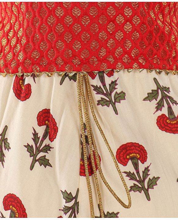 Babyhug Sleeveless Choli With Motif Print Lehenga and Netted Dupatta - Red Beige
