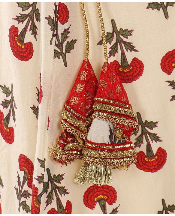 Babyhug Sleeveless Choli With Motif Print Lehenga and Netted Dupatta - Red Beige