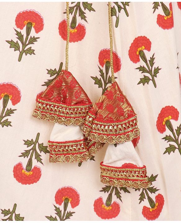 Babyhug Sleeveless Choli With Motif Print Lehenga and Netted Dupatta - Red Beige