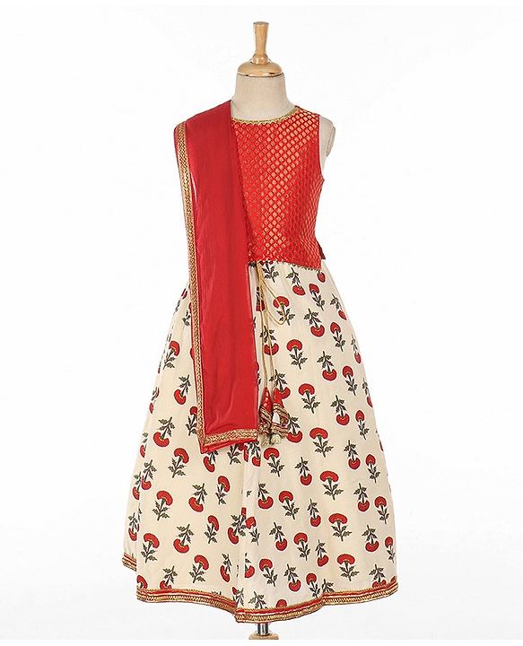 Babyhug Sleeveless Choli With Motif Print Lehenga and Netted Dupatta - Red Beige