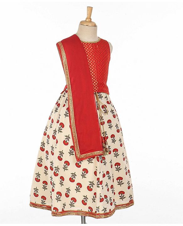 Babyhug Sleeveless Choli With Motif Print Lehenga and Netted Dupatta - Red Beige