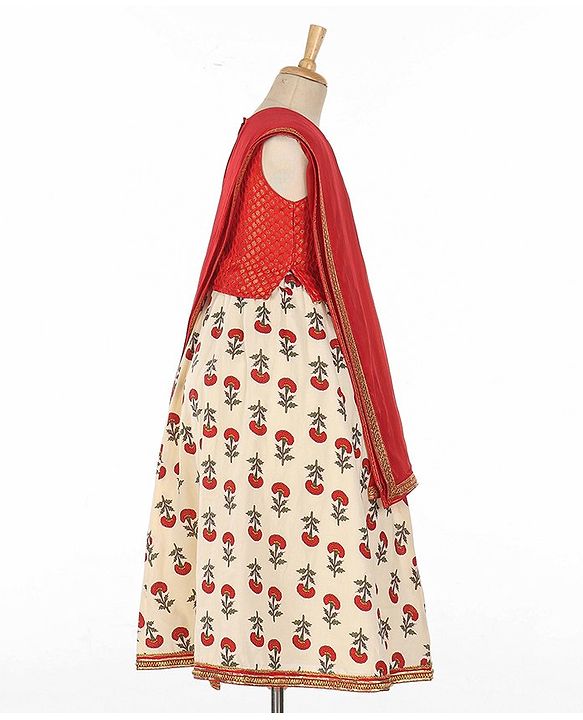 Babyhug Sleeveless Choli With Motif Print Lehenga and Netted Dupatta - Red Beige