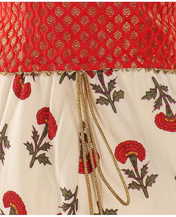 Babyhug Sleeveless Choli With Motif Print Lehenga and Netted Dupatta - Red Beige