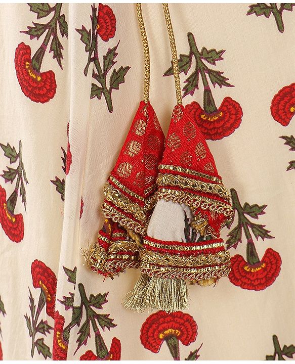 Babyhug Sleeveless Choli With Motif Print Lehenga and Netted Dupatta - Red Beige