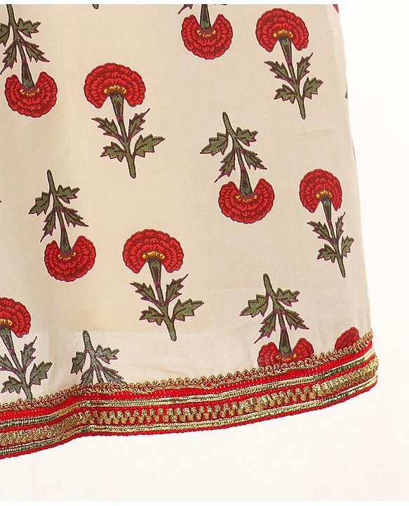 Babyhug Sleeveless Choli With Motif Print Lehenga and Netted Dupatta - Red Beige