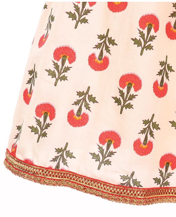 Babyhug Sleeveless Choli With Motif Print Lehenga and Netted Dupatta - Red Beige
