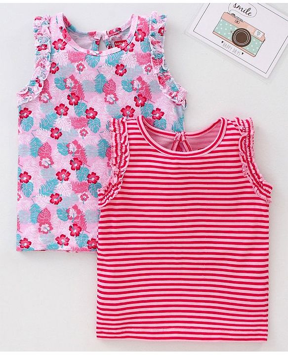 Babyhug Sleeveless Printed & Striped Tops Pack of 2 - Pink