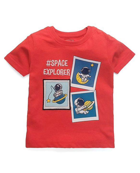 Babyhug Half Sleeves Tee Space Embroidery - Red