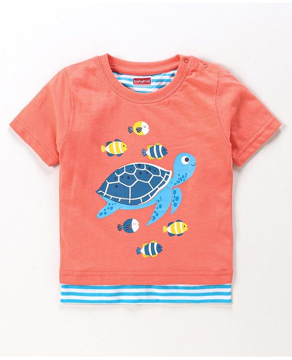 Babyhug Half Sleeves T-Shirt Turtle & Fish Print - Coral