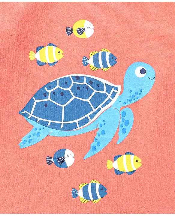 Babyhug Half Sleeves T-Shirt Turtle & Fish Print - Coral
