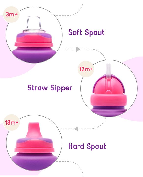 Babyhug 3 in 1 Anti Colic Nipple Spout and Straw Sipper Pink - 270 ml