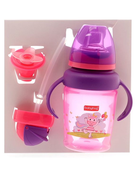 Babyhug 3 in 1 Anti Colic Nipple Spout and Straw Sipper Pink - 270 ml