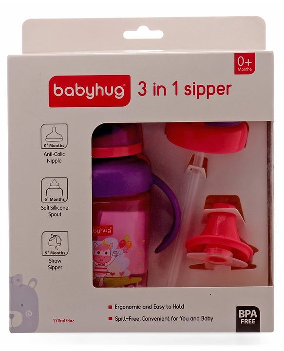 Babyhug 3 in 1 Anti Colic Nipple Spout and Straw Sipper Pink - 270 ml
