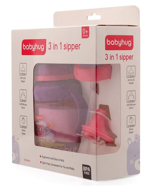 Babyhug 3 in 1 Anti Colic Nipple Spout and Straw Sipper Pink - 270 ml