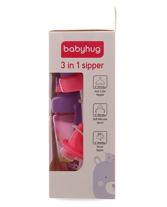 Babyhug 3 in 1 Anti Colic Nipple Spout and Straw Sipper Pink - 270 ml