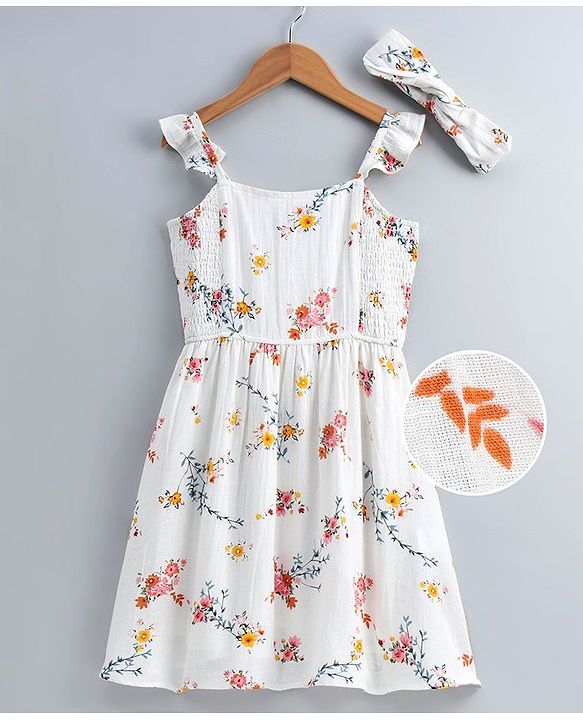 Pine Kids Floral Printed Singlet Frock with Smocked Bodice - White
