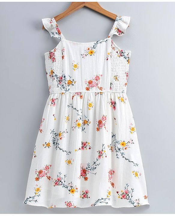 Pine Kids Floral Printed Singlet Frock with Smocked Bodice - White