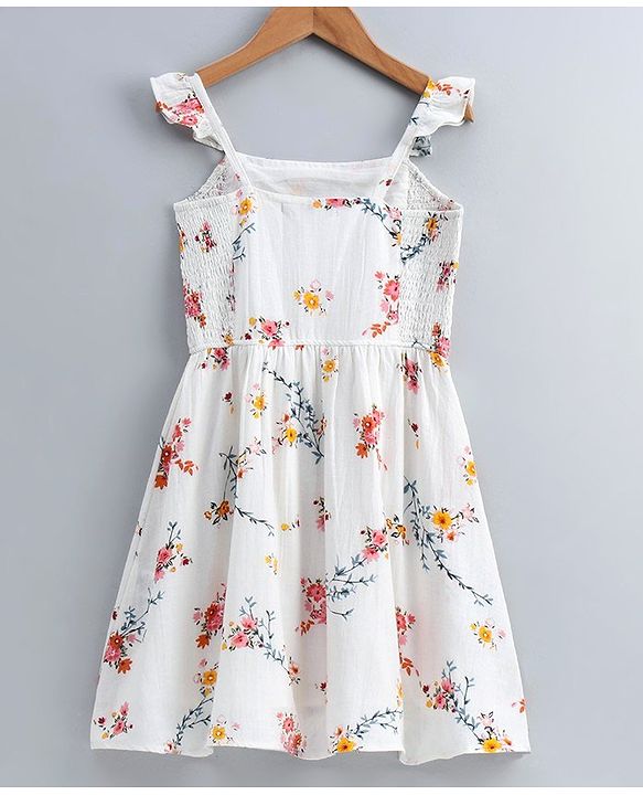 Pine Kids Floral Printed Singlet Frock with Smocked Bodice - White