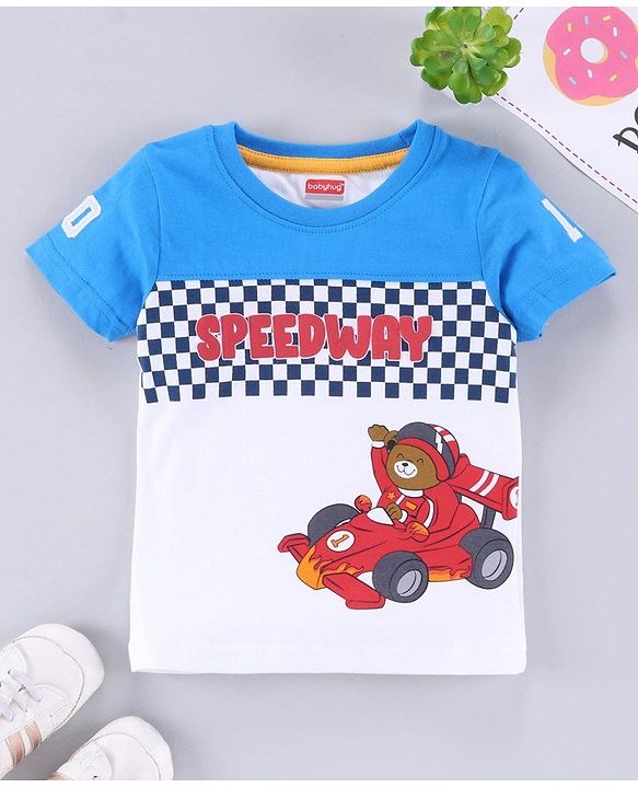 Babyhug Raglan Half Sleeves Biowashed Tee Speedway Print - Blue White