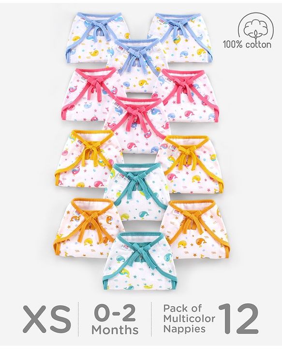 Babyhug Muslin Cloth Nappy Set of 12 Extra Small - Multicolor Whale Print
