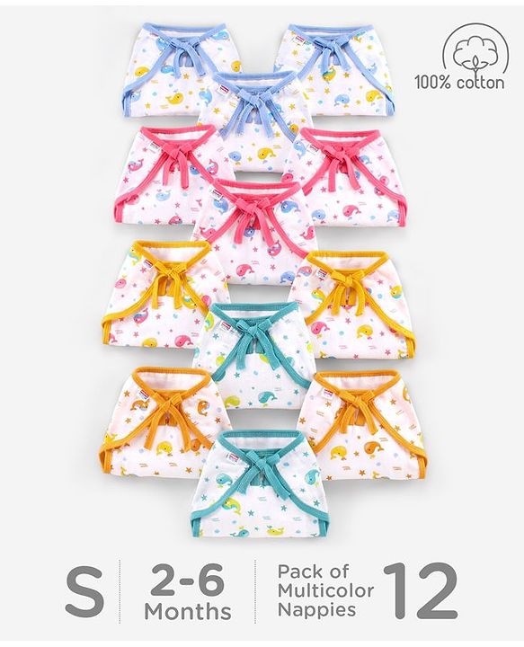 Babyhug Muslin Cloth Nappy Set of 12 Extra Small - Multicolor Whale Print
