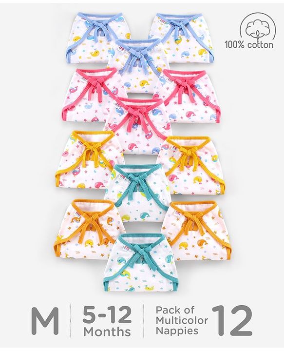 Babyhug Muslin Cloth Nappy Set of 12 Extra Small - Multicolor Whale Print