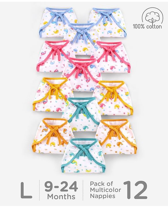 Babyhug Muslin Cloth Nappy Set of 12 Extra Small - Multicolor Whale Print