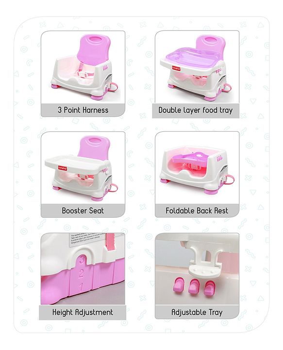 Babyhug 2 in 1 Feeding Chair & Booster Seat - Pink| Easy to Install| Safety Harness| Adjustable Double Food Tray| Durable Sturdy Material| Adjustable Height