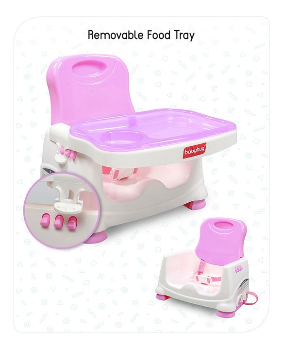 Babyhug 2 in 1 Feeding Chair & Booster Seat - Pink| Easy to Install| Safety Harness| Adjustable Double Food Tray| Durable Sturdy Material| Adjustable Height