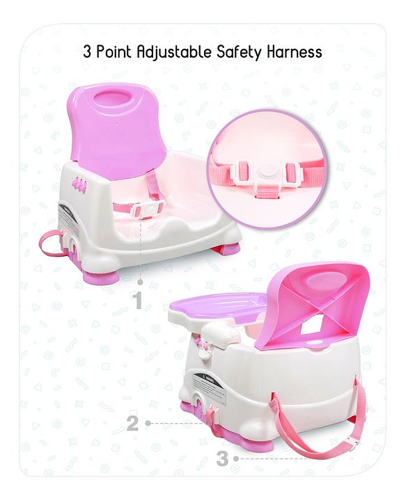 Babyhug 2 in 1 Feeding Chair & Booster Seat - Pink| Easy to Install| Safety Harness| Adjustable Double Food Tray| Durable Sturdy Material| Adjustable Height