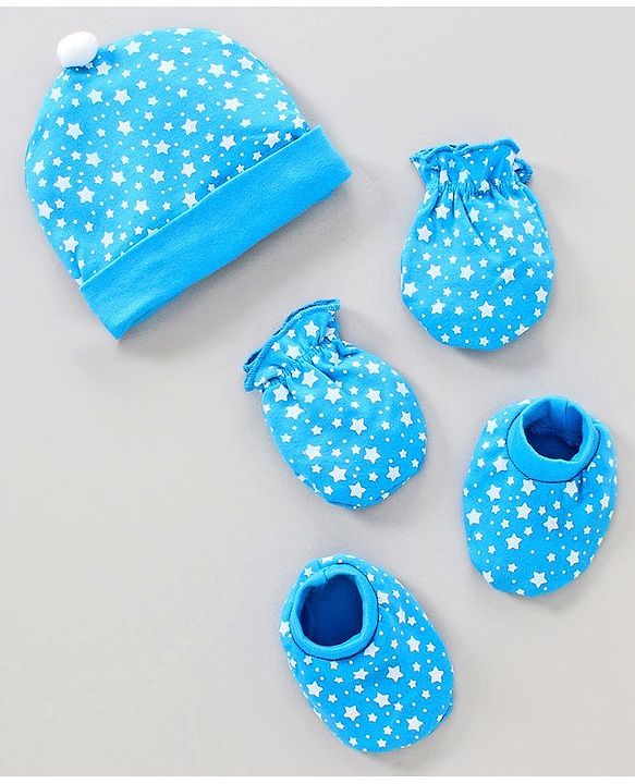 Babyhug Cap Mittens and Booties Set Star Print Blue - Cap Diameter 11 cm
