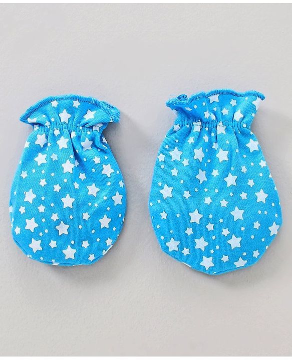 Babyhug Cap Mittens and Booties Set Star Print Blue - Cap Diameter 11 cm