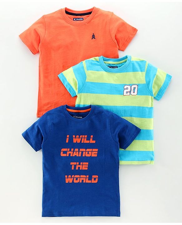 Pine Kids Half Sleeves Bioawashed 100% Cotton Tees Pack of 3 - Orange Green Blue